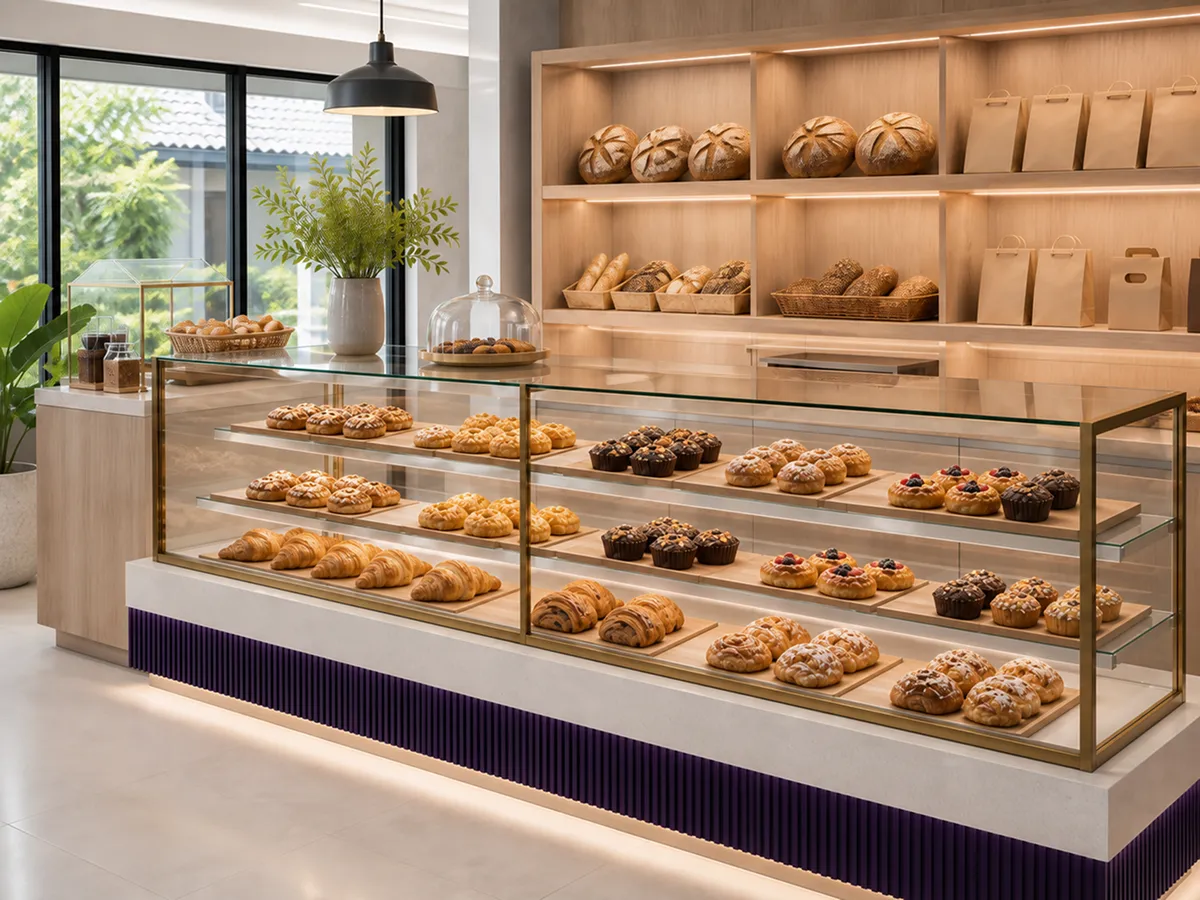 A bakery and pastry shop with a product display.