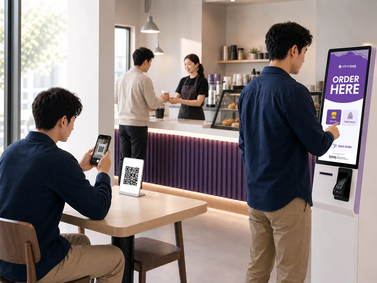 Illustration of ordering via cashier, QR dine-in, and kiosk in one restaurant area.