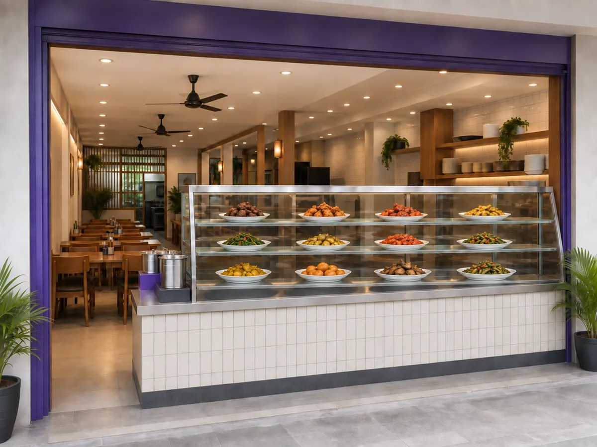 A nasi padang eatery with dishes served up front.