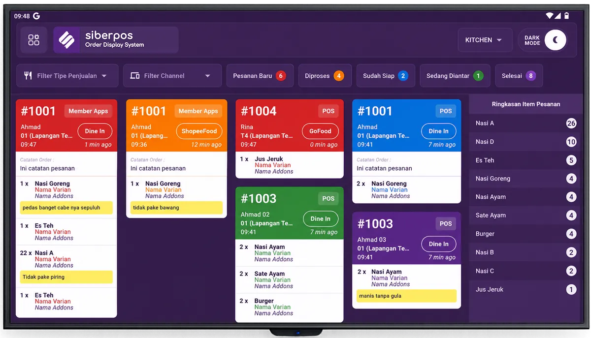 Monitor Order Display System SiberPOS yang menampilkan status pesanan.