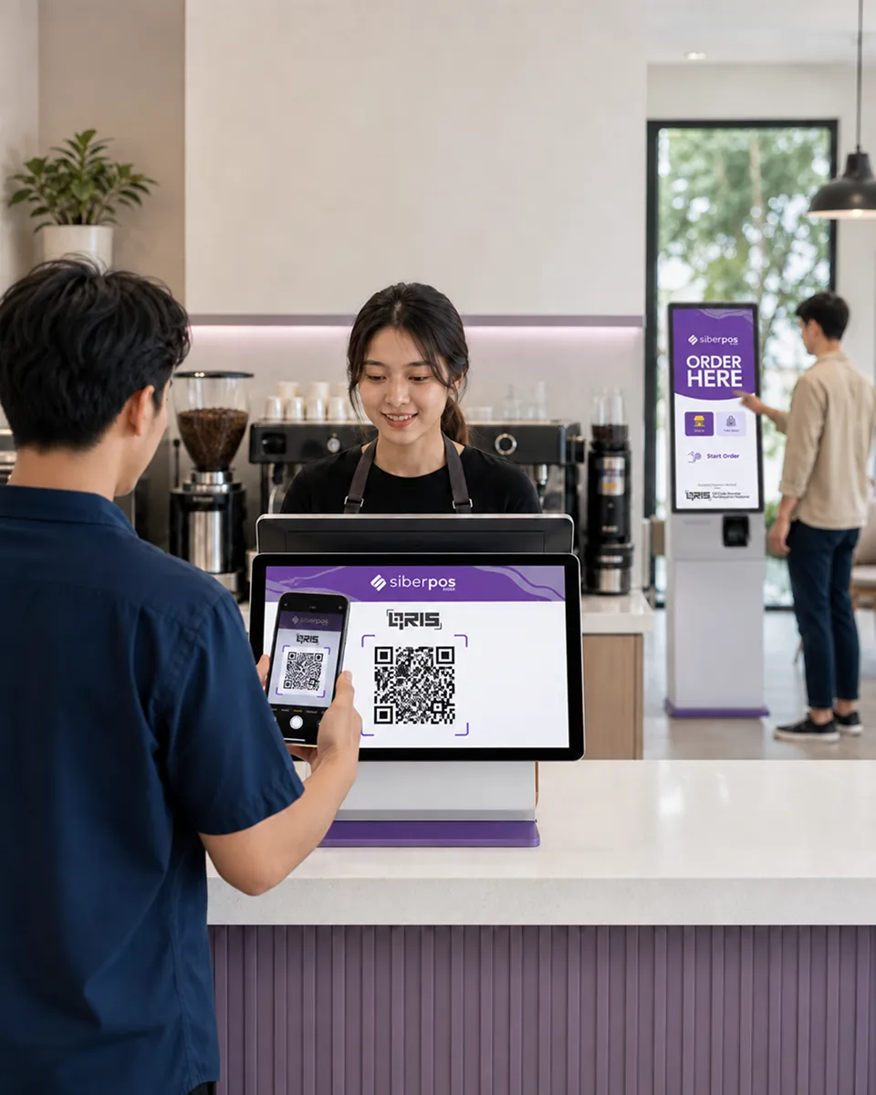 A cashier serving a customer using the SiberPOS point-of-sale device.