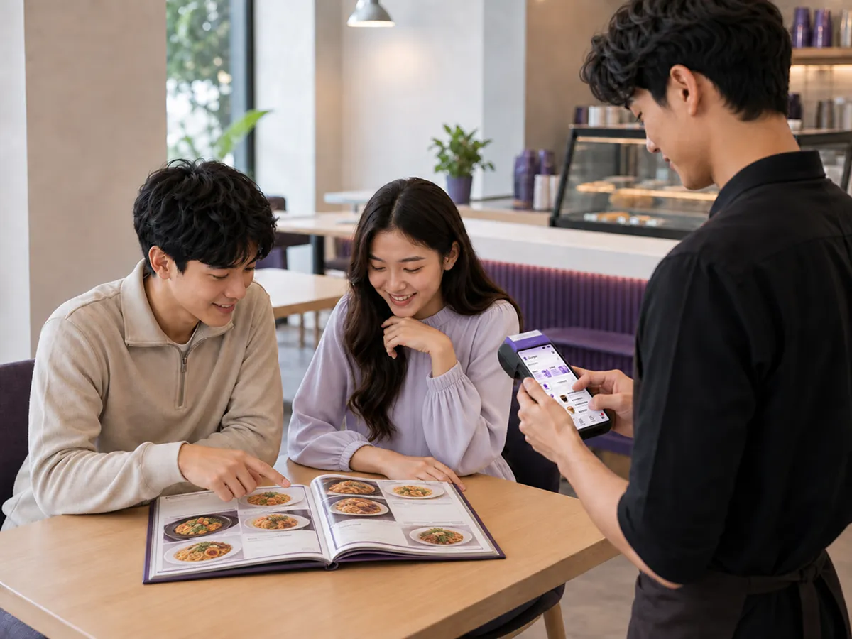 Illustration of a waiter helping customers manage orders at their table.